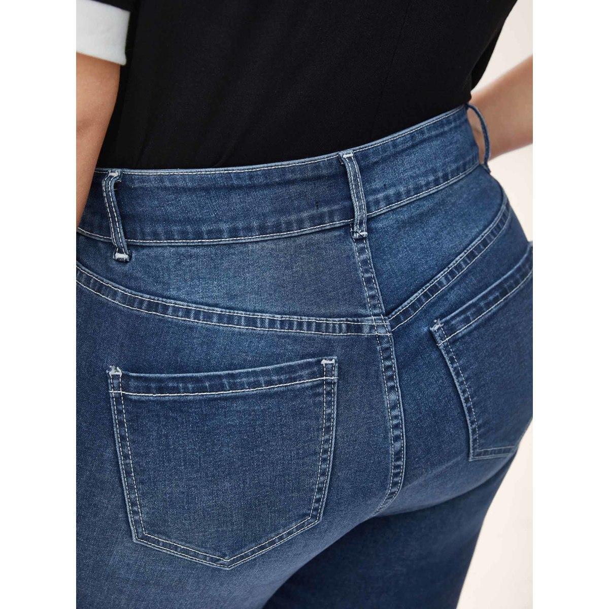 Plus Size Whiskered Wash Crop Skinny-Fit Jeans Women Midblue Medium stretch Slanted pocket Jeans BloomChic 22/3X Product Image