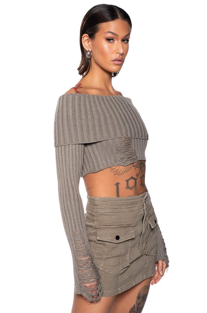 GALE OFF THE SHOULDER DISTRESSED SWEATER Product Image