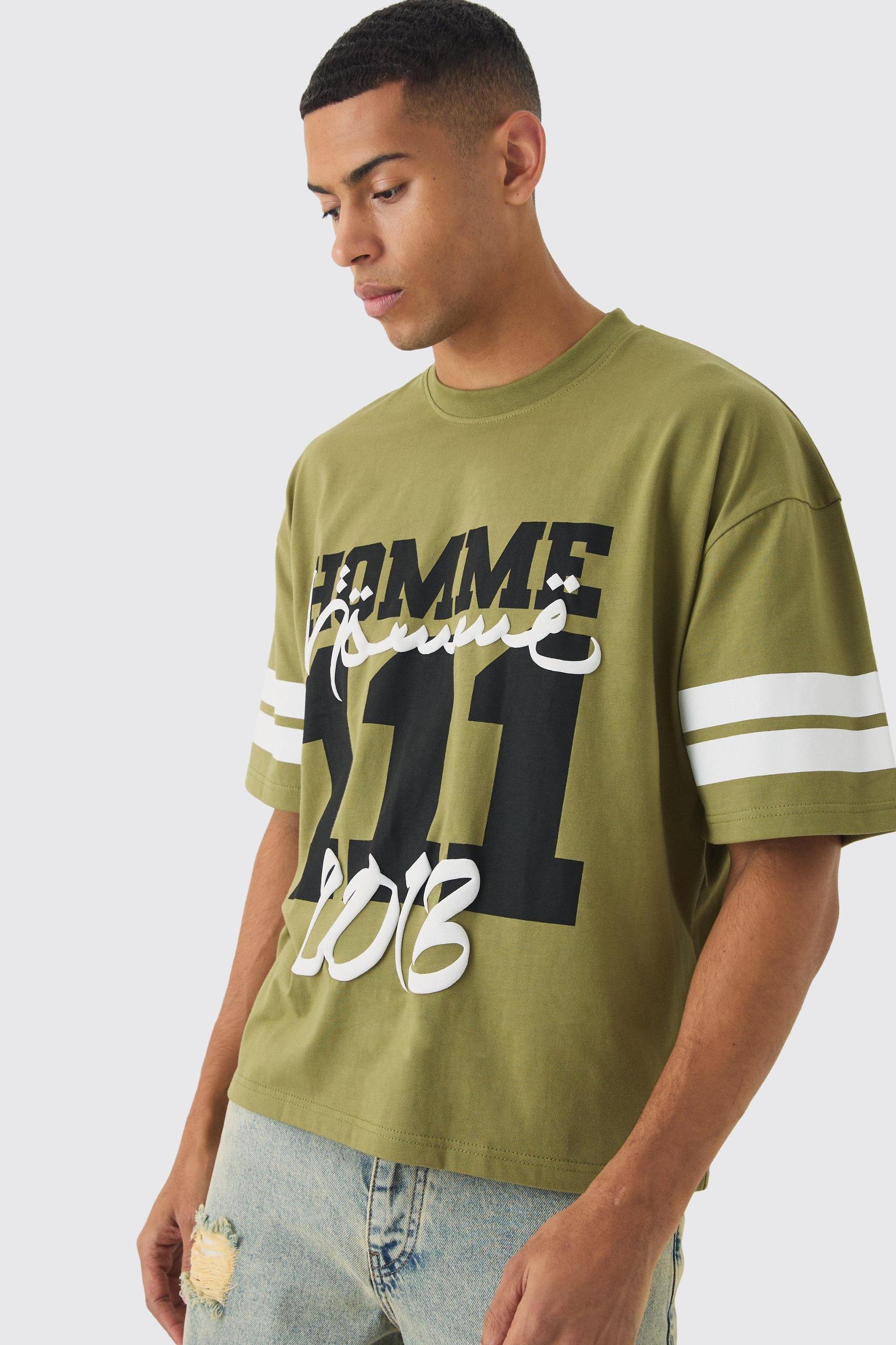 Mens Oversized Boxy Moto Puff Printed Stripe Sleeve T-shirt - Black Product Image