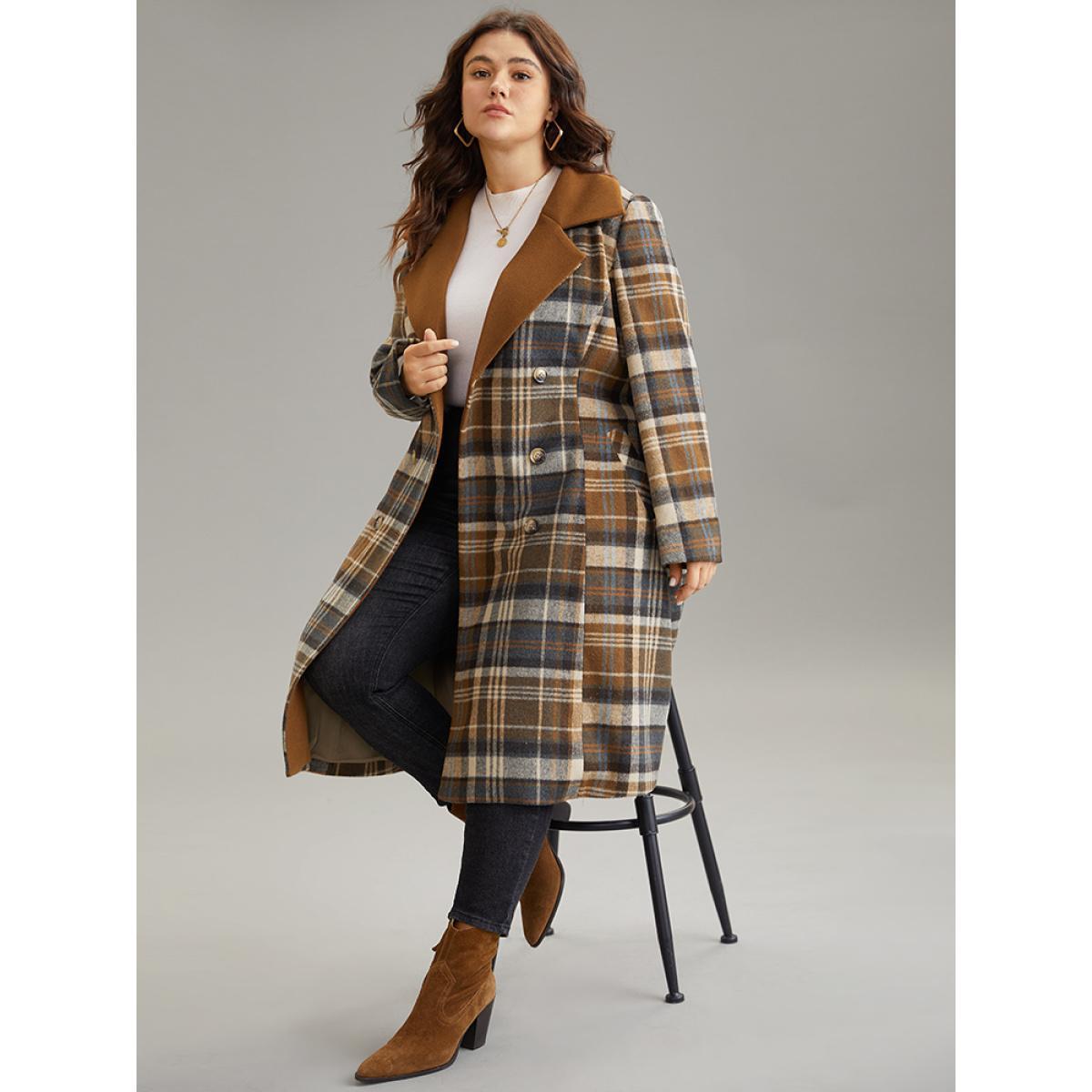 Plus Size Plaid Belted Contrast Lapel Collar Trench Coat Women Bronze Elegant Lined Ladies Dailywear Winter Coats BloomChic 10/M Product Image