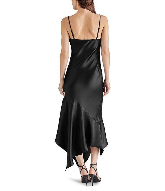 Steve Madden Lucille V-Neck Sleeveless Asymmetrical Hem Satin Midi Dress Product Image