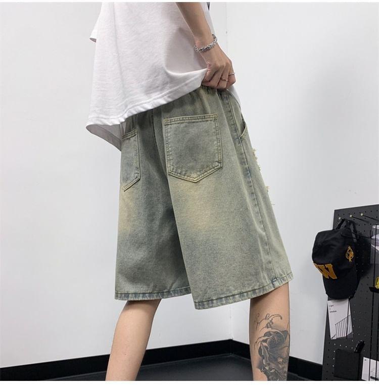 Drawstring Waist Star Applique Washed Denim Shorts Product Image