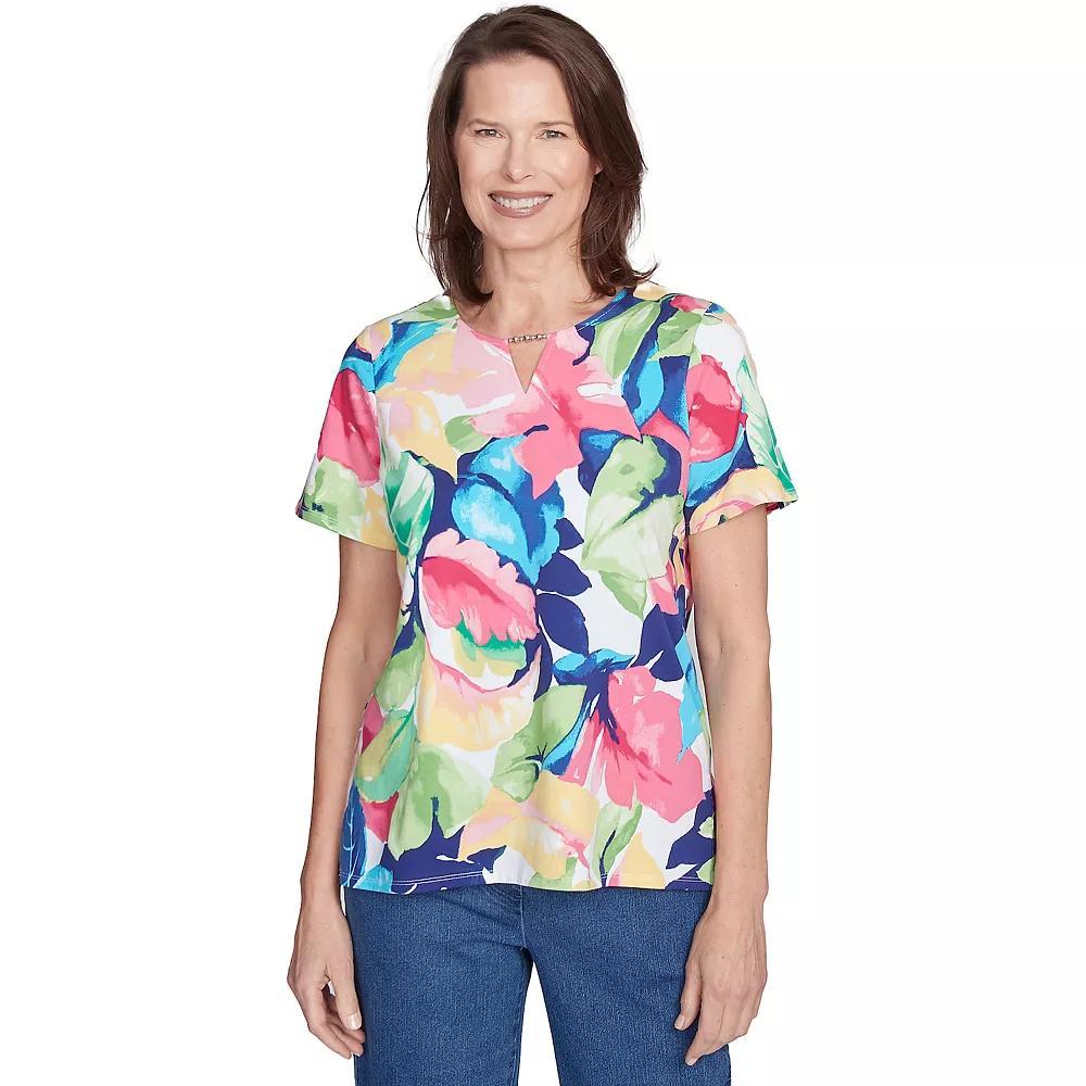 Petite Alfred Dunner Tropical Leaf Split Beaded Neck Top, Women's, Size: XL Petite, Bright Product Image