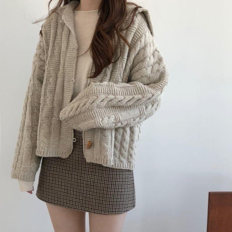 Sailor Collar Plain Cable Knit Toggle Cardigan Product Image
