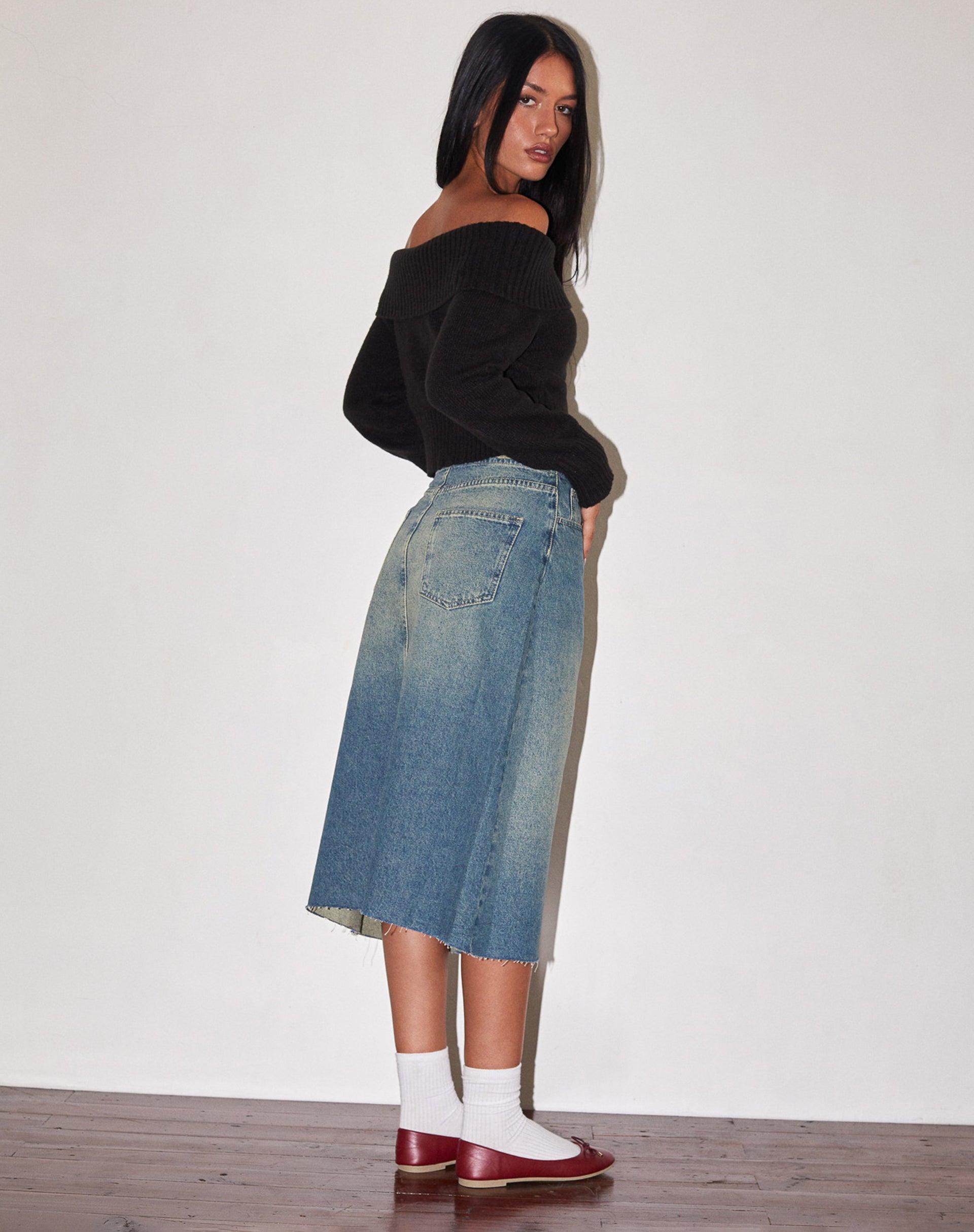 Low Rise Denim Midi Skirt in Vintage Blue Green Female Product Image
