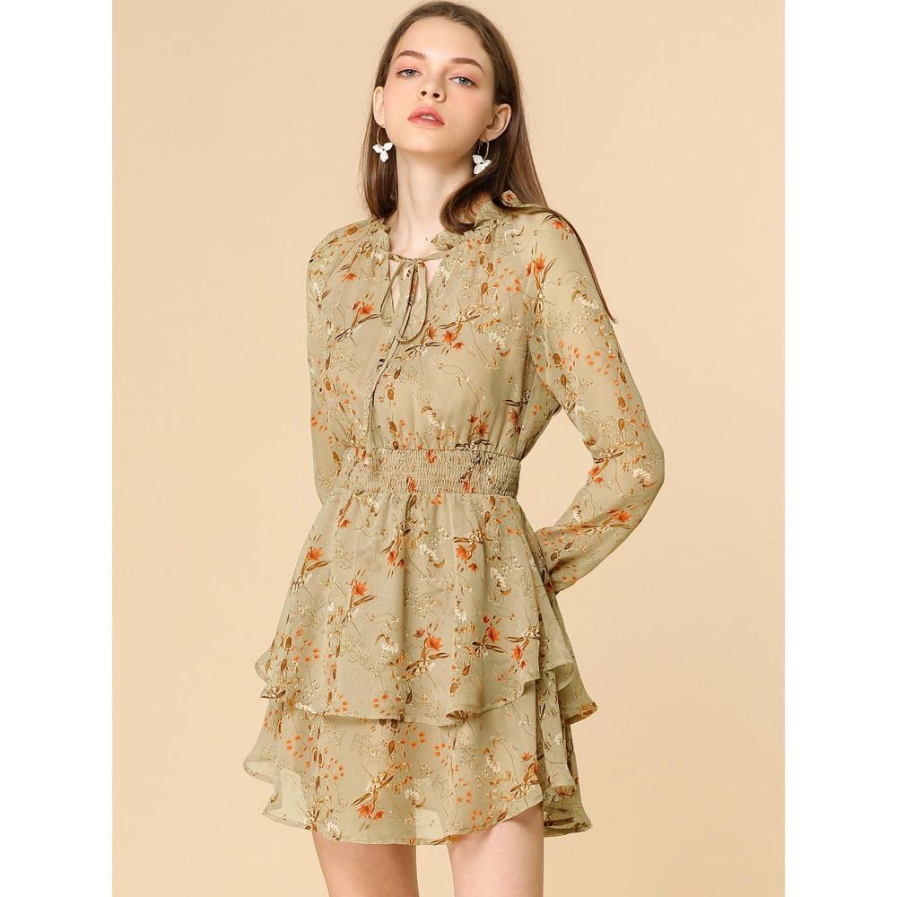 Allegra K Women's Floral Smocked Waist Tie Neck Layered Chiffon Mini Dress Product Image