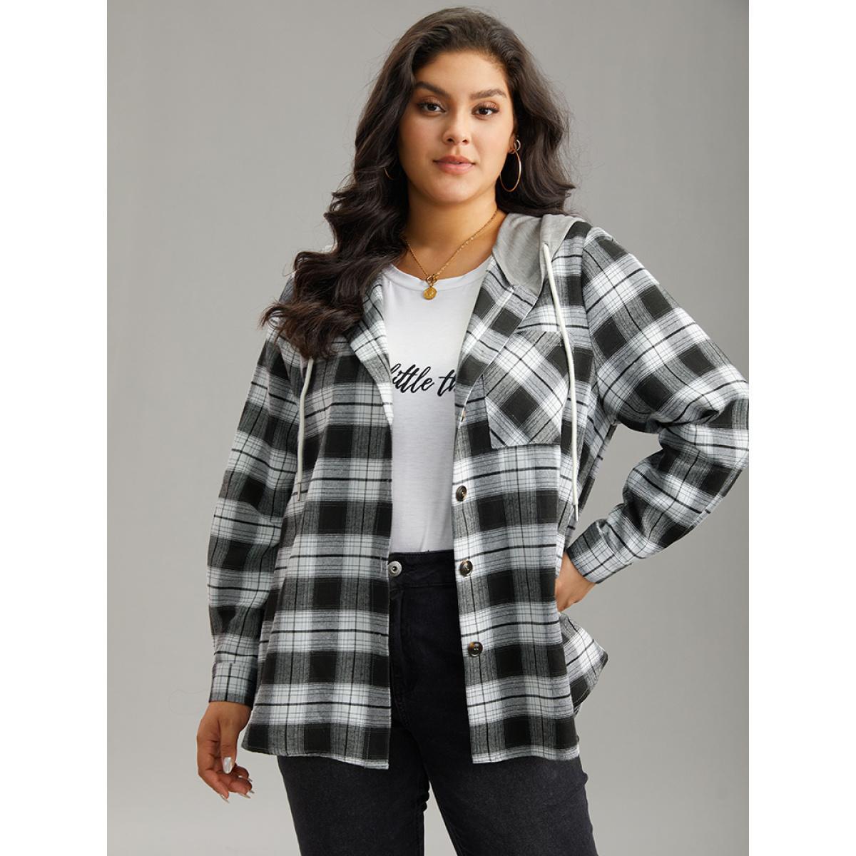 Plus Size Plaid Patchwork Hooded Drawstring Button Through Jacket Women Black Dailywear Jackets BloomChic 14-16/1X Product Image