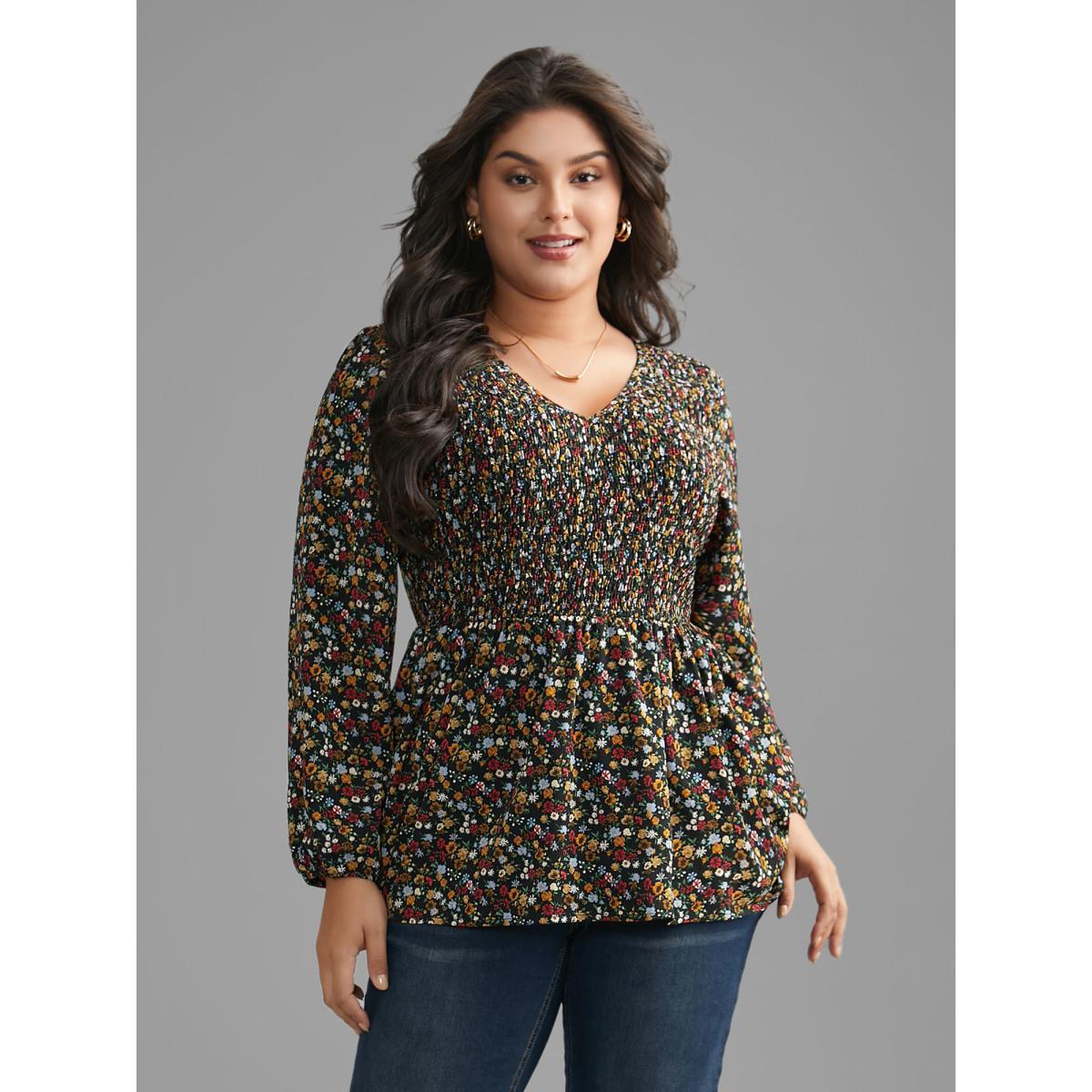 Plus Size Black Ditsy Floral V Neck Shirred Blouse Women Elegant Extra Long Sleeve V-neck Everyday Blouses BloomChic 14-16/1X Product Image