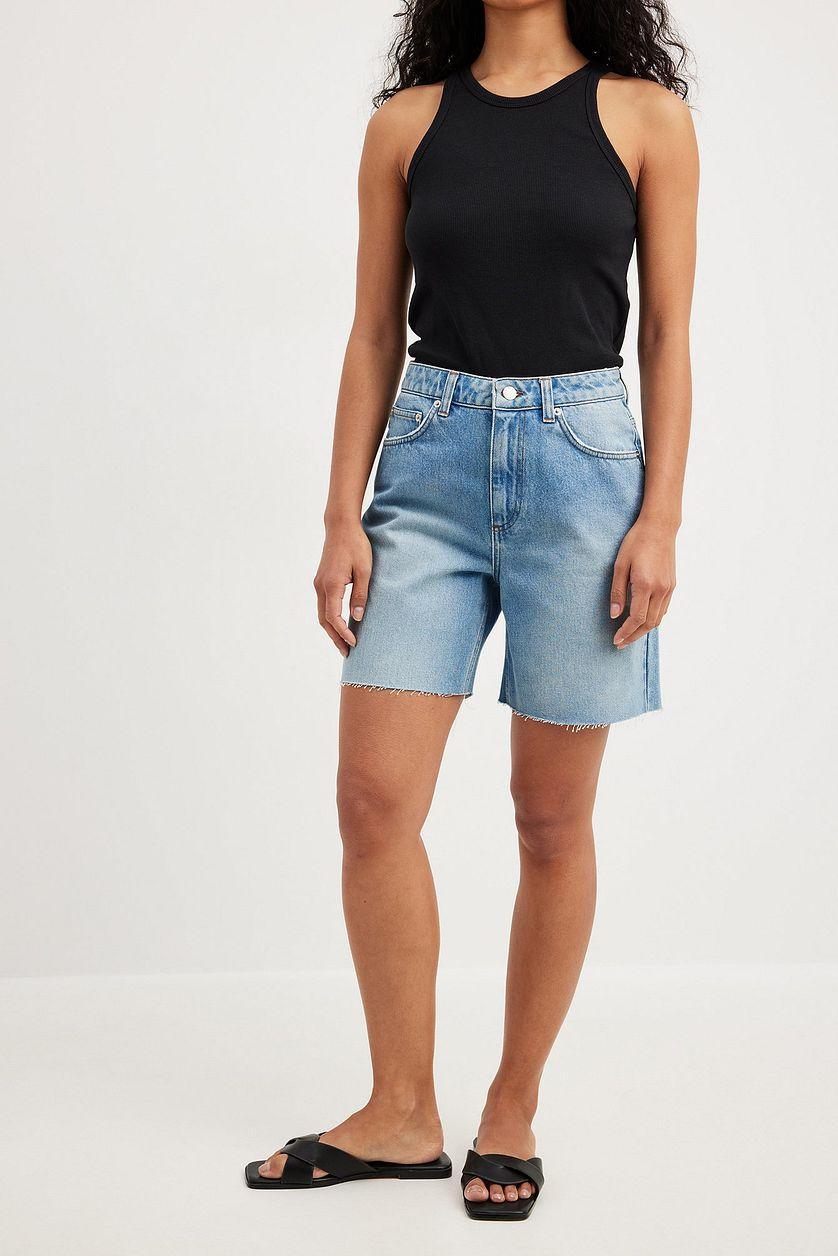 High Waist Raw Hem Denim Shorts Product Image