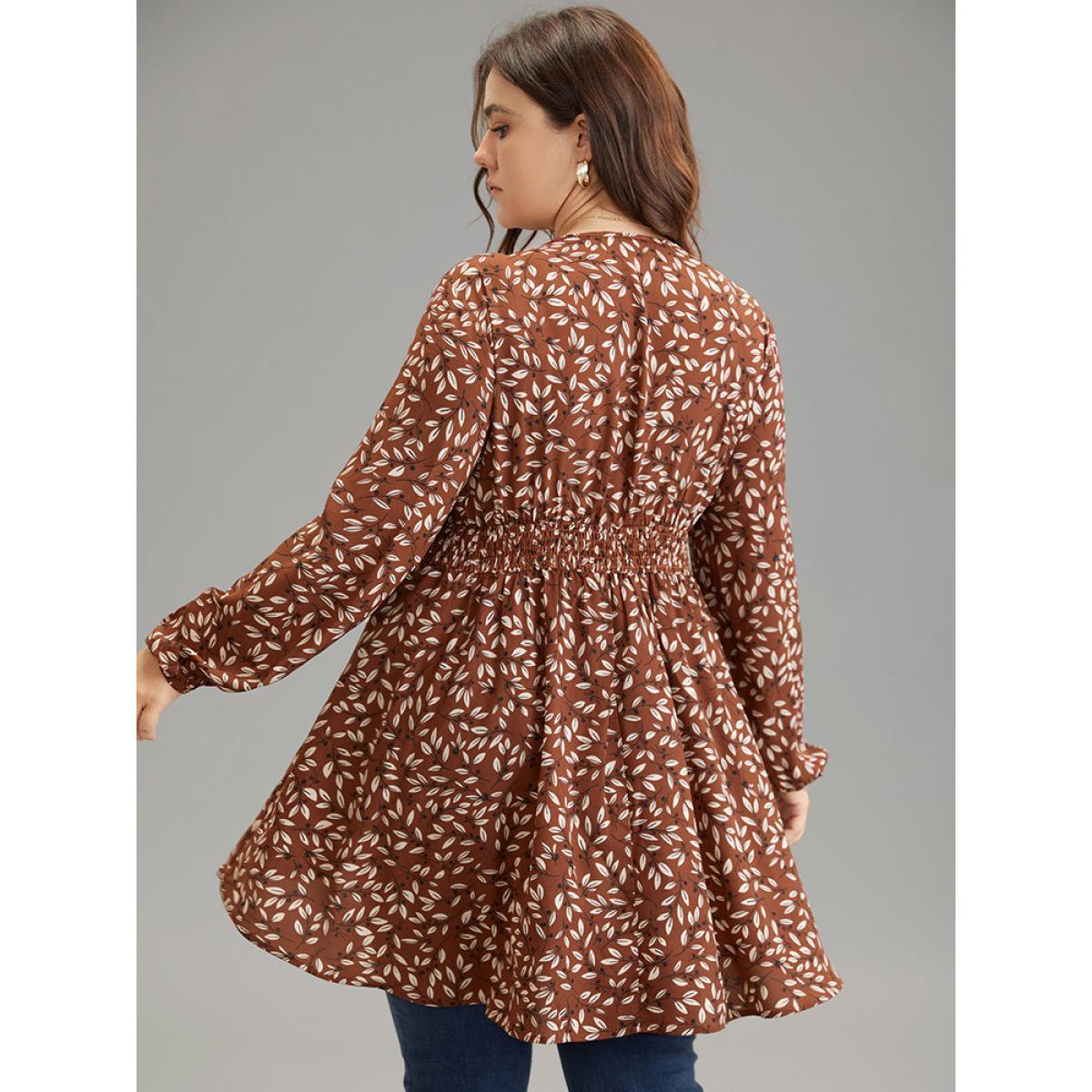 Plus Size Russet Ditsy Floral Shirred Elastic Waist High Low Hem Blouse Women Elegant Long Sleeve V-neck Everyday Blouses BloomChic 10/M Product Image