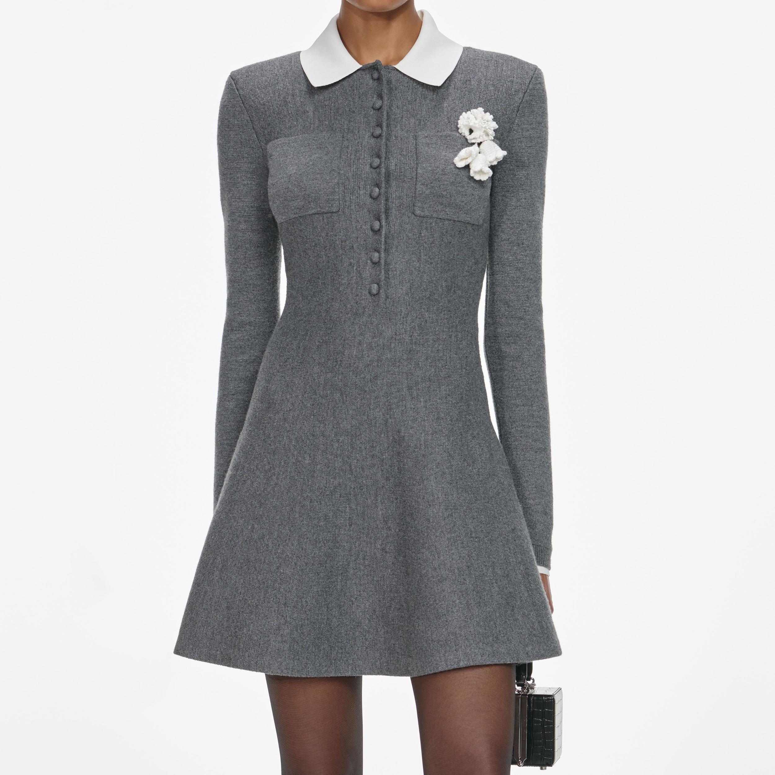 Grey Crochet Flower Collared Knit Mini Dress Product Image