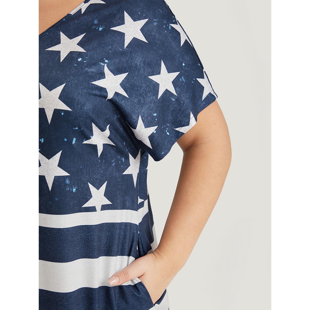 Plus Size Star & Striped Contrast Dolman Sleeve Arc Hem Dress Indigo Women Casual Pocket V-neck Short sleeve Curvy Midi Dress BloomChic 22-24/3X Product Image