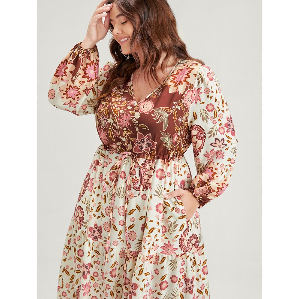 Plus Size Floral Lantern Sleeve Pocket Split Tie Flutter Midi Dress WhiteSmoke Women Vacation Gathered V-neck Long Sleeve Curvy Midi Dress BloomChic 12/L Product Image