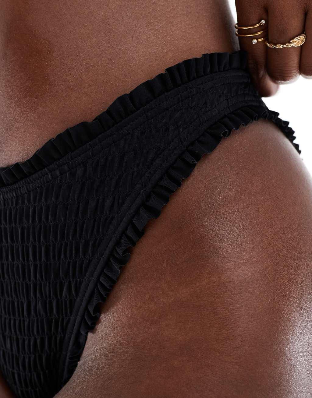 South Beach frilly crinkle high leg bikini bottoms in black Product Image