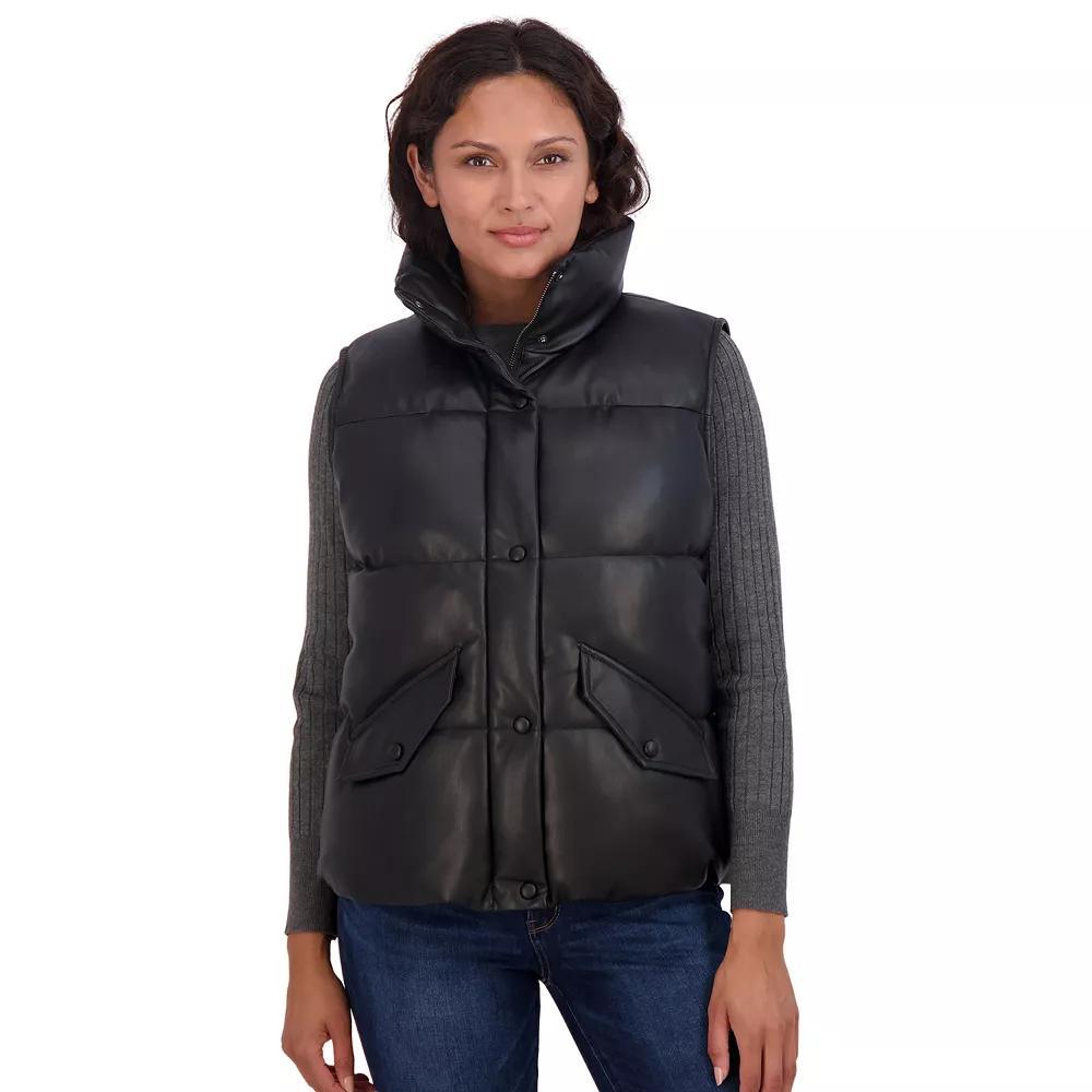 Women's Sebby Collection Faux-Leather Puffer Vest, Size: XL, Brown Product Image