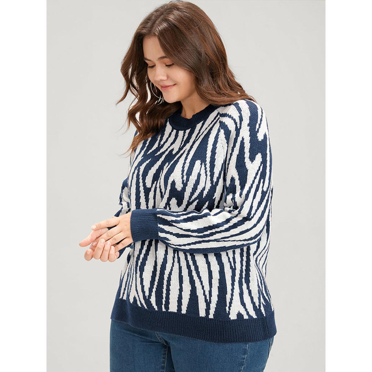 Plus Size Zebra Print Pointelle Knit Raglan Sleeve Jacquard Knit Top Midnight Women Casual Long Sleeve Round Neck Everyday Pullovers BloomChic 22-24/3X Product Image