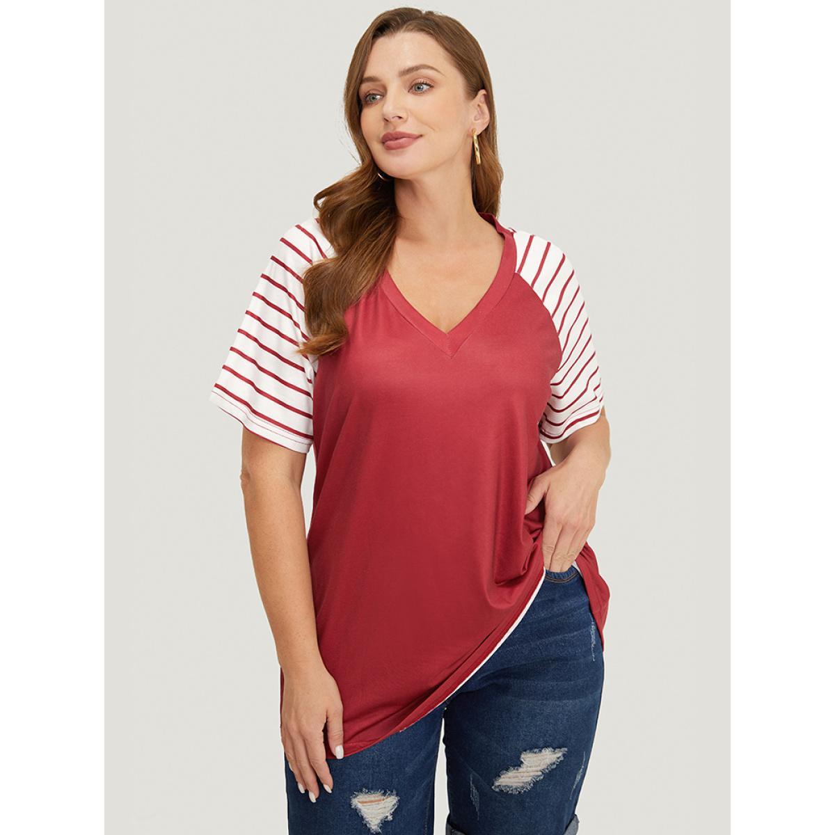 Plus Size Striped Contrast Raglan Sleeve V Neck T-shirt Scarlet Women Casual Patchwork Striped V-neck Dailywear T-shirts BloomChic 12/L Product Image