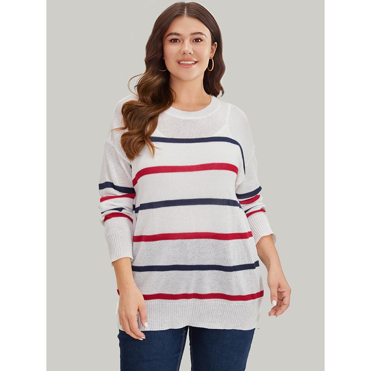 Plus Size Striped Contrast Drop Shoulder Pullover White Women Casual Bodycon Long Sleeve Round Neck Dailywear Pullovers BloomChic 22-24/3X Product Image