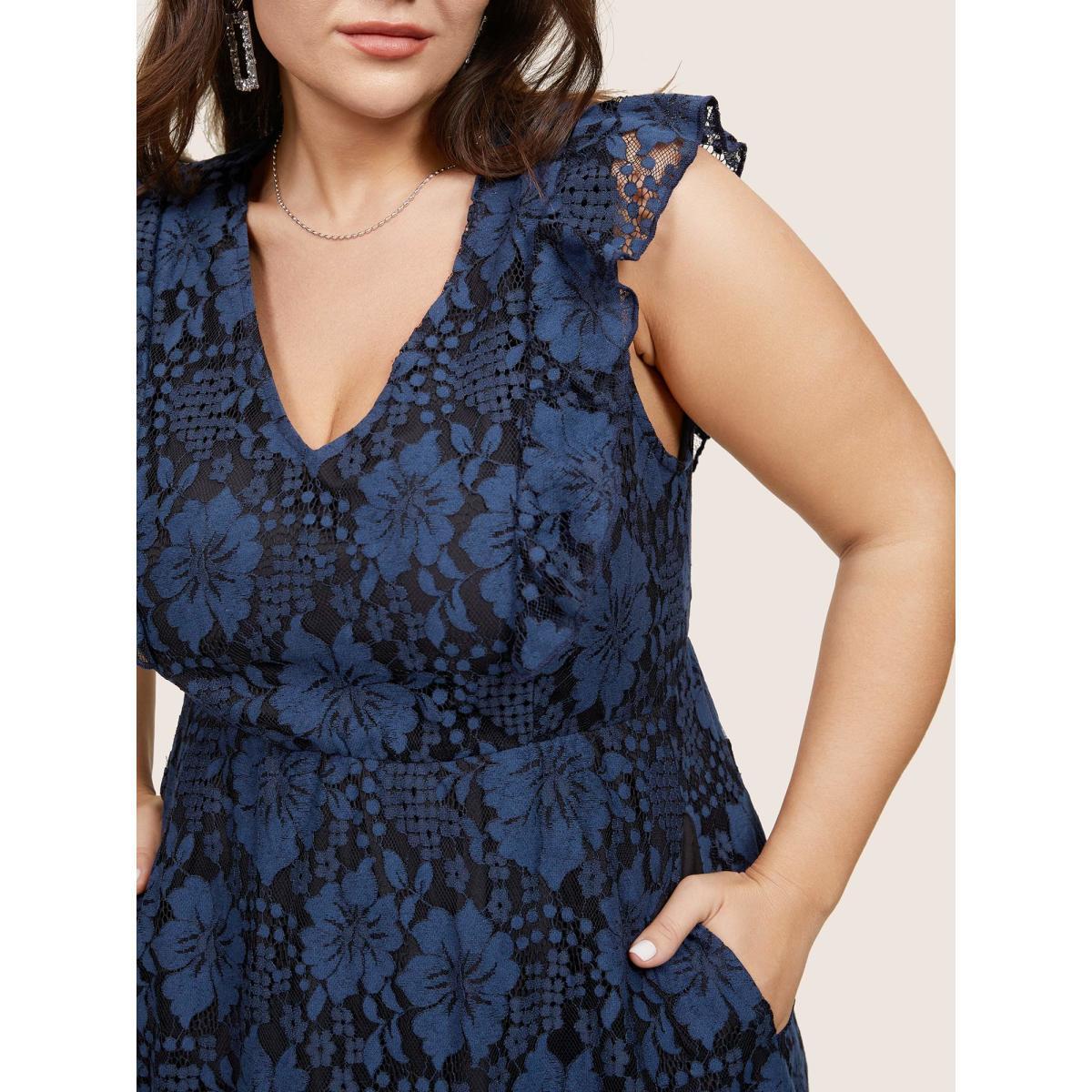Plus Size Eyelet Lace Pocket Ruffle Trim Sleeveless Dress Black Women Glamour Lace V-neck Sleeveless Curvy Midi Dress BloomChic 18-20/2X Product Image
