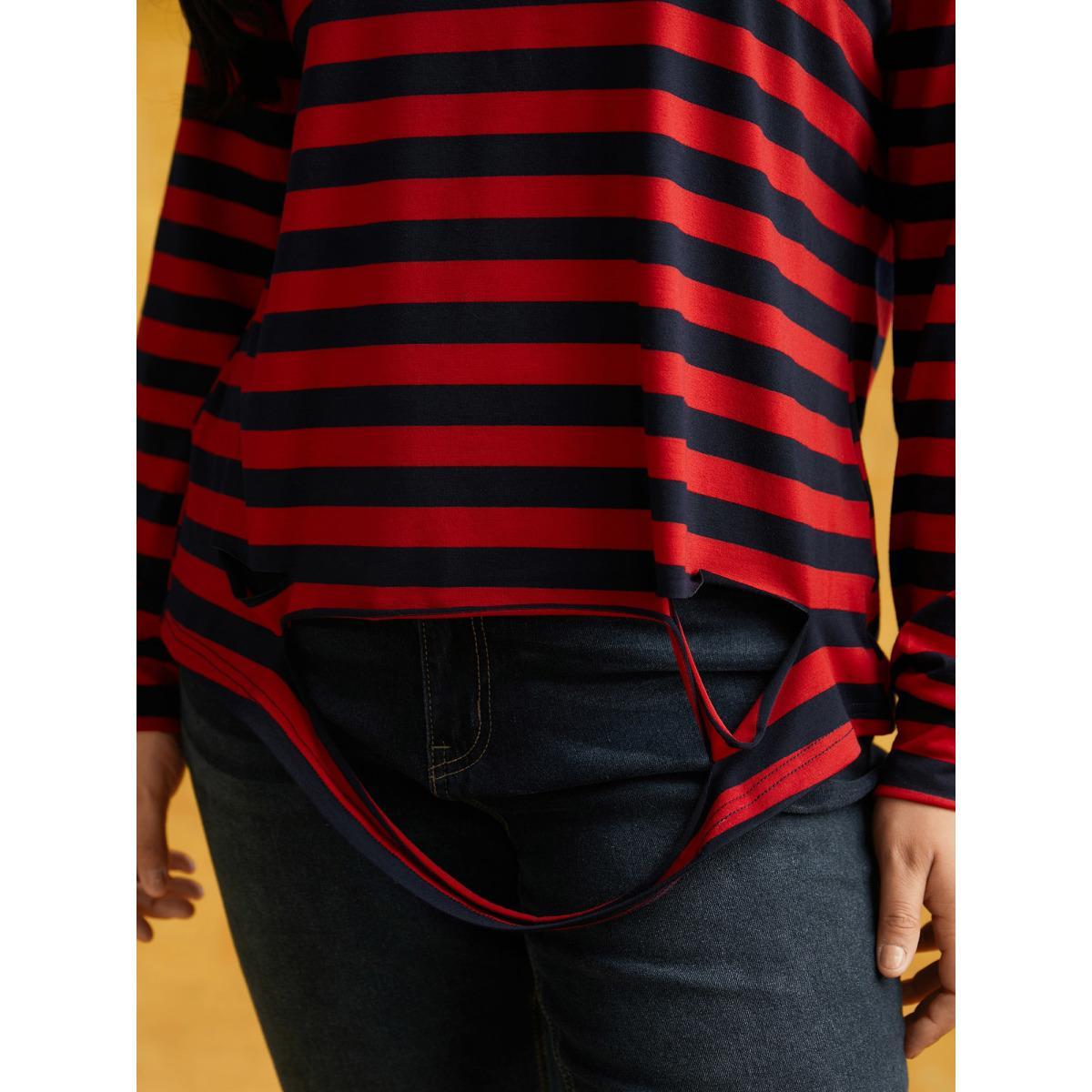 Plus Size Striking Striped Relaxed Fit T-shirt Brightred Women Casual Distressed Round Neck Everyday T-shirts BloomChic 26/4X Product Image