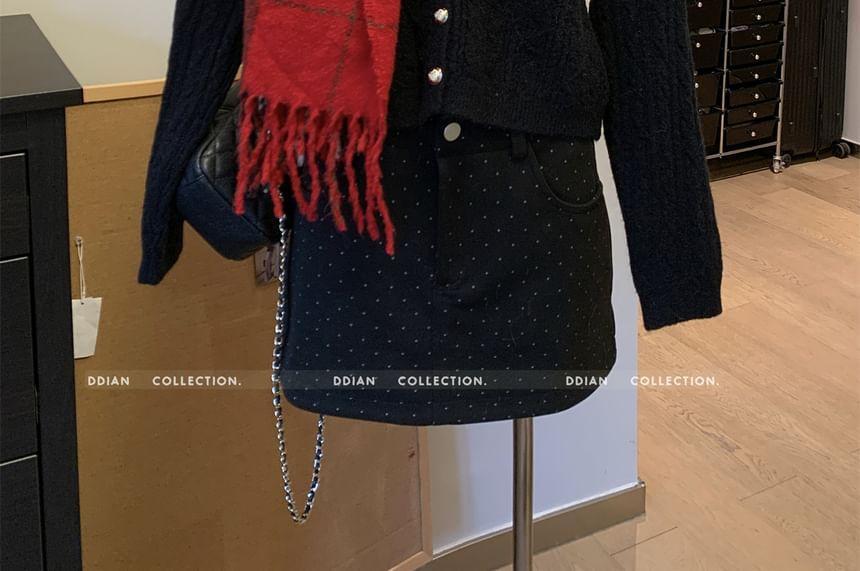 V-Neck Plain Cable Knit Button-Up Crop Cardigan Product Image