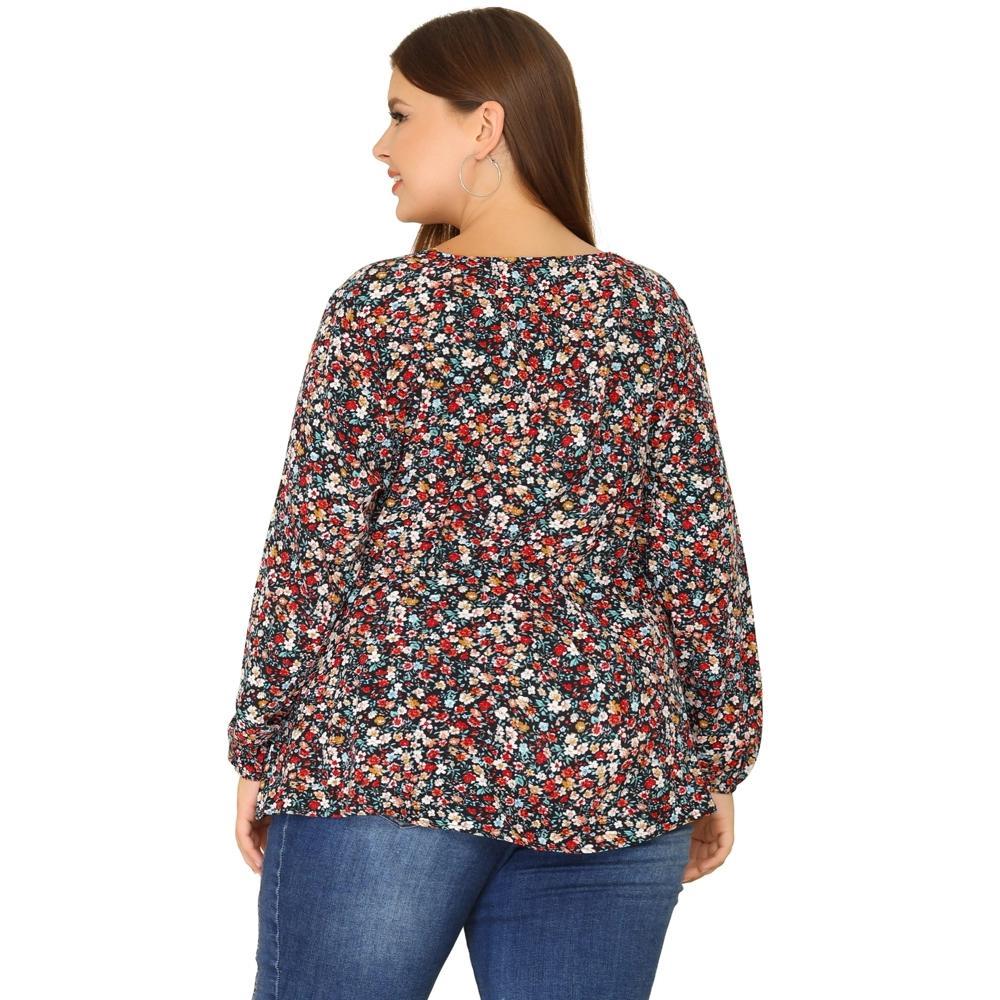 Agnes Orinda Women's Plus Size Round Neck Button Up Puff Floral Long Sleeve Casual Peplum Blouses Product Image