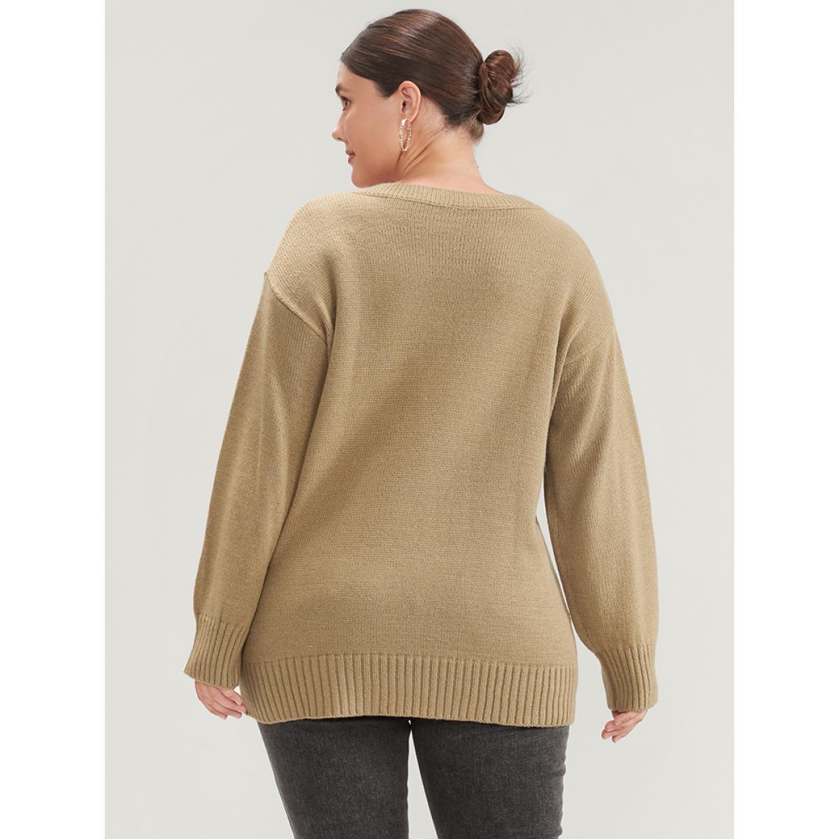 Plus Size Plain Pointelle Knit V Neck Knit Top Tan Women Casual Loose Long Sleeve V-neck Dailywear Pullovers BloomChic 26/4X Product Image
