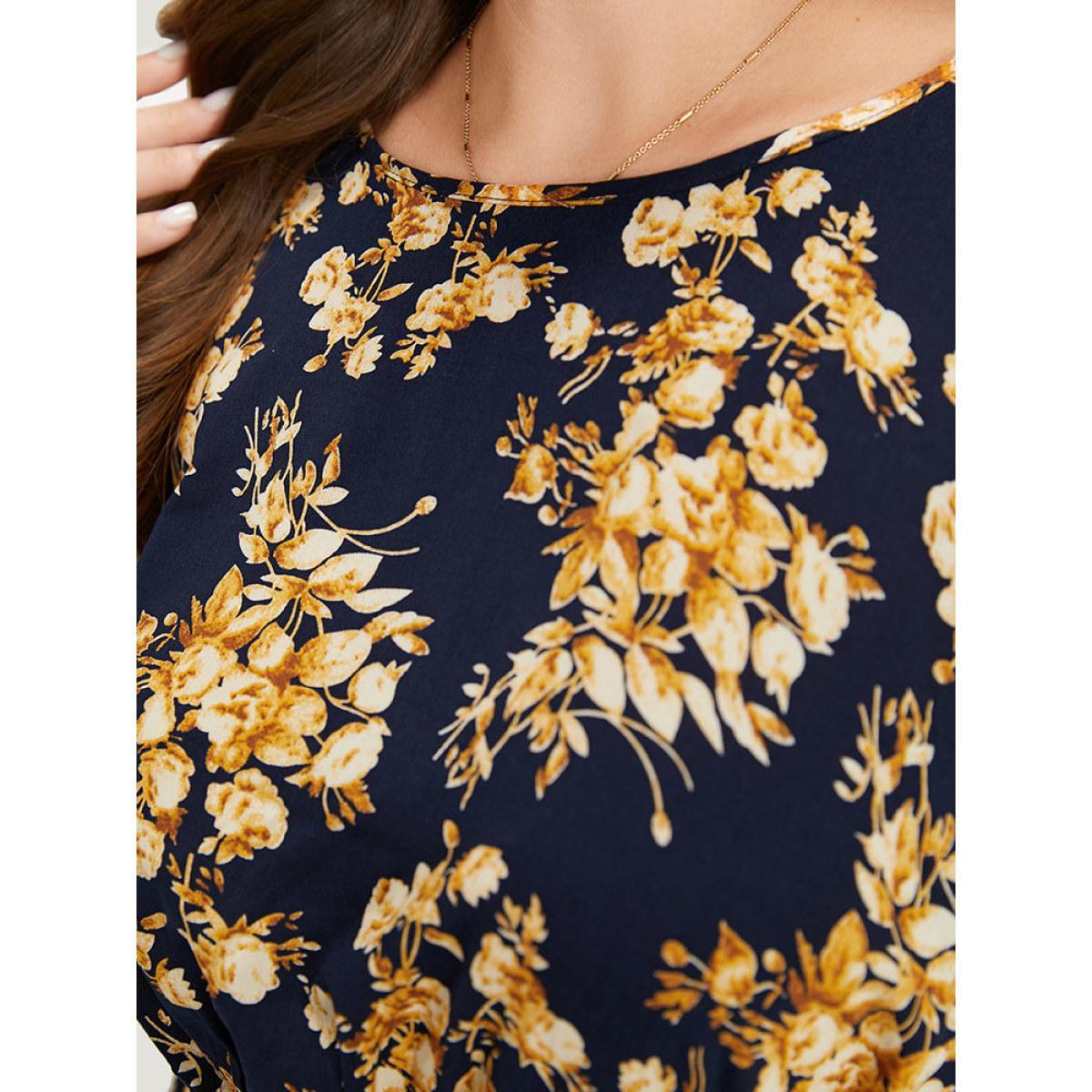 Plus Size Indigo Floral Print Flutter Sleeve Elastic Waist Blouse Women Elegant Short sleeve Round Neck Dailywear Blouses BloomChic 26/4X Product Image