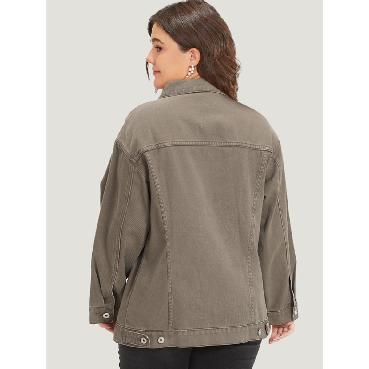 Women Solid Denim Button Fly Flap Pocket Light Wash Jacket LightBrown Plus Size Plain Button Everyday Pocket Casual Denim Jackets BloomChic 22-24/3X Product Image