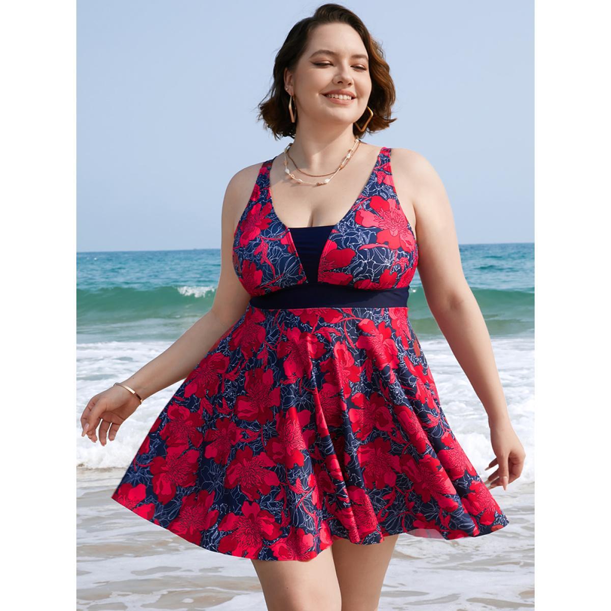 Plus Size Tropical Printed Patchwork Ruffle Swim Dress Women's Swimwear Red Vacation Bodycon V-neck High stretch Curve Swim Dresses BloomChic 18-20/2X Product Image