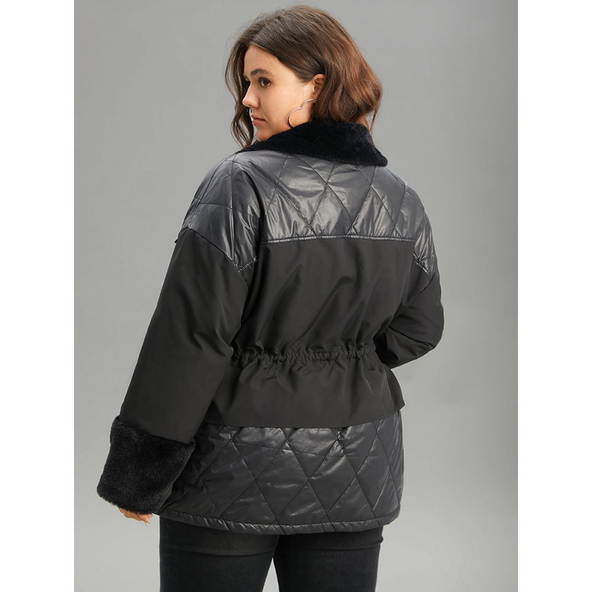 Plus Size Patchwork Fuzzy Drawstring Pocket Quilted Coat Women Black Casual Zipper Ladies Dailywear Winter Coats BloomChic 10/M Product Image