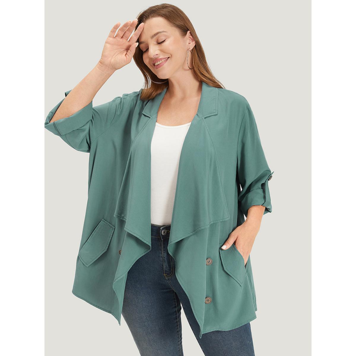 Plus Size Solid Pocket Asymmetrical Neck Roll Tab Sleeve Jacket Women Emerald Plain Loose Pocket Dailywear Jackets BloomChic 14-16/1X Product Image