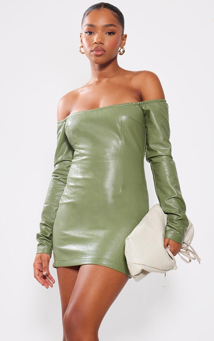Khaki Faux Leather Bardot Long Sleeve Shift Dress Product Image