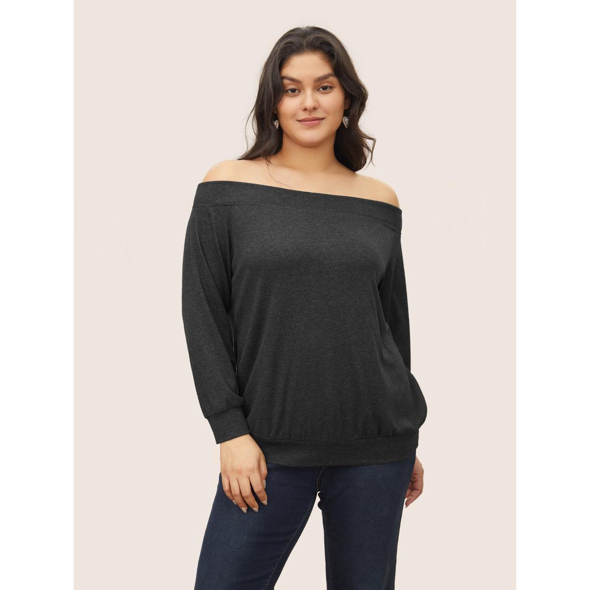 Plus Size Solid Heather Off Shoulder T-shirt DimGray Women Elegant Non Plain One-shoulder neck Everyday T-shirts BloomChic 22-24/3X Product Image
