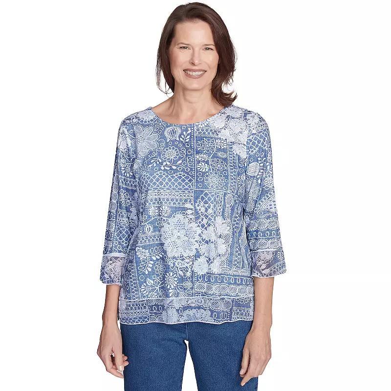 Women's Alfred Dunner Lacey Floral Patchwork Top, Size: Large, Blue Product Image