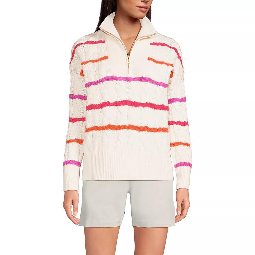 Women's Lands' End Drifter Cable Quarter Zip Sweater, Size: XL, Fresh Ivory Stripe Product Image