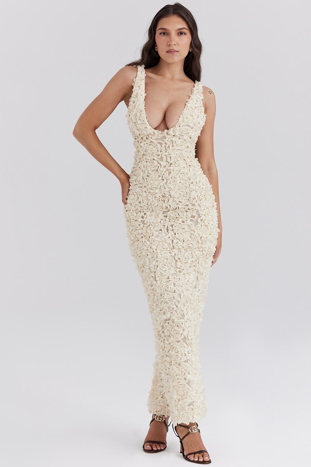 Carena Creme Plunge Floral Appliqué Maxi Dress Product Image