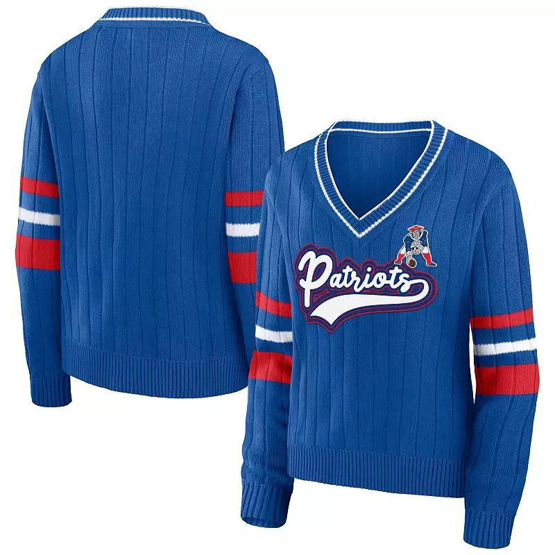 Women's WEAR by Erin Andrews Royal New England Patriots Throwback V-Neck Sweater, Size: 2XL, Blue Product Image