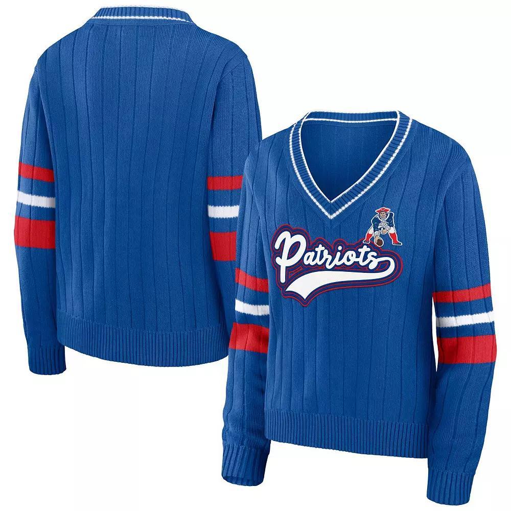 Women's WEAR by Erin Andrews Royal New England Patriots Throwback V-Neck Sweater, Size: 2XL, Blue Product Image