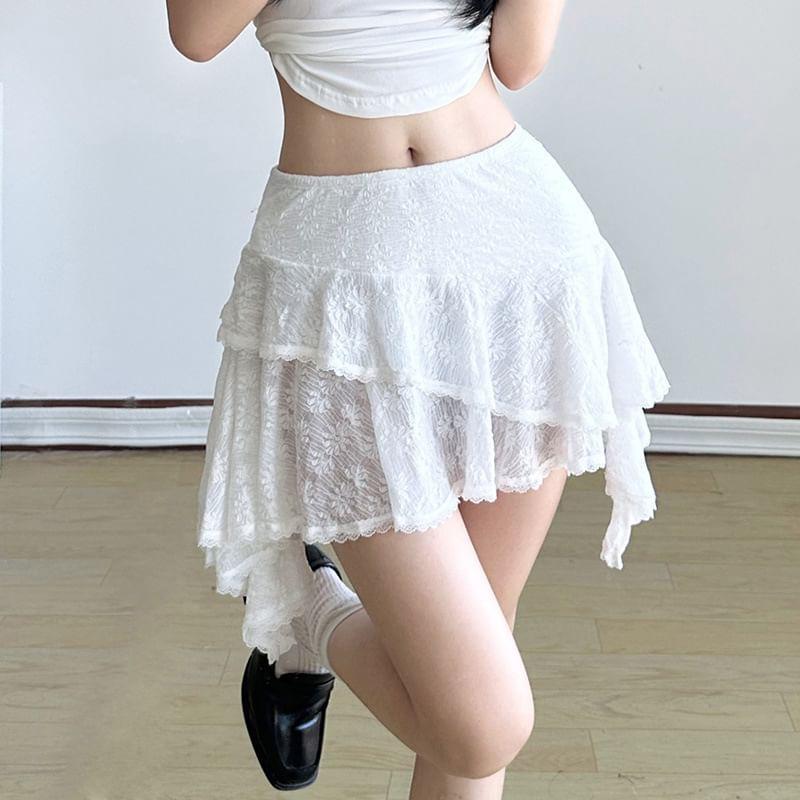Low Waist Asymmetrical Mini A-Line Lace Layered Skirt Product Image
