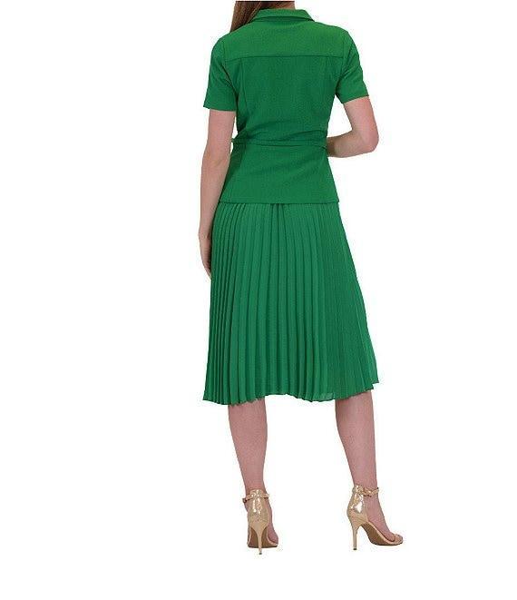 Julia Jordan Mix Media Point Collar Neck Short Sleeve Pleated Belted A-Line Midi Dress Product Image
