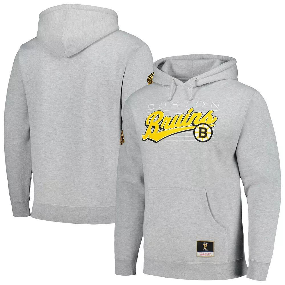 Mens Mitchell & Ness Heather Gray Boston Bruins 100th Anniversary Script Sweep Pullover Hoodie Product Image