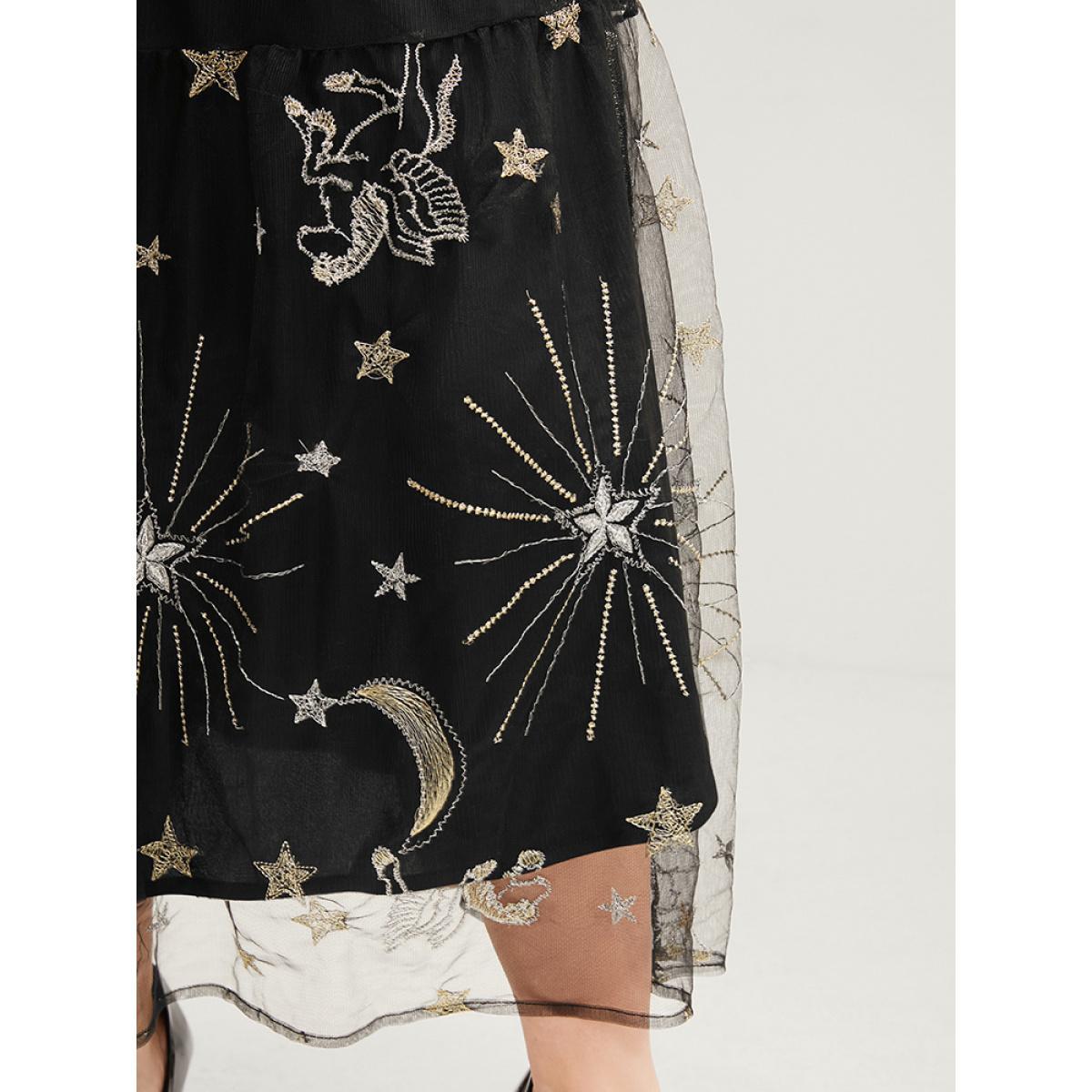 Plus Size Moon And Star Pocket Lantern Sleeve Embroidered Mesh Dress Black Women Party Round Neck Long Sleeve Curvy Long Dress BloomChic 12/L Product Image