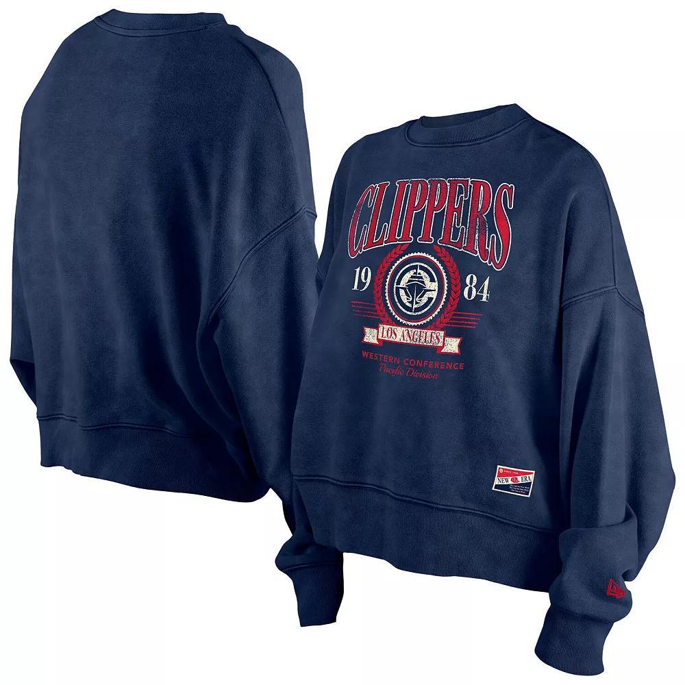 Women's New Era  Navy LA Clippers Hardwood Classics Enzyme Wash Oversized Boxy Pullover Sweatshirt, Size: Small, Blue Product Image