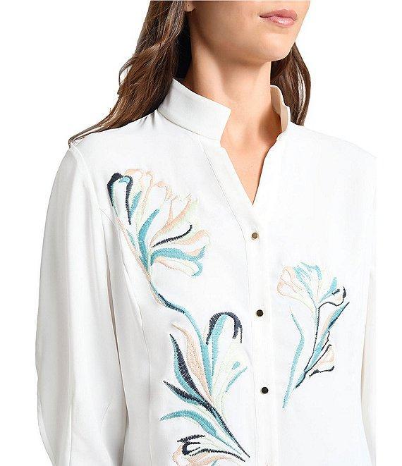 MISOOK Floral Embroidered Crepe De Chine Stand Collar Elbow Puff Sleeve Blouse Product Image