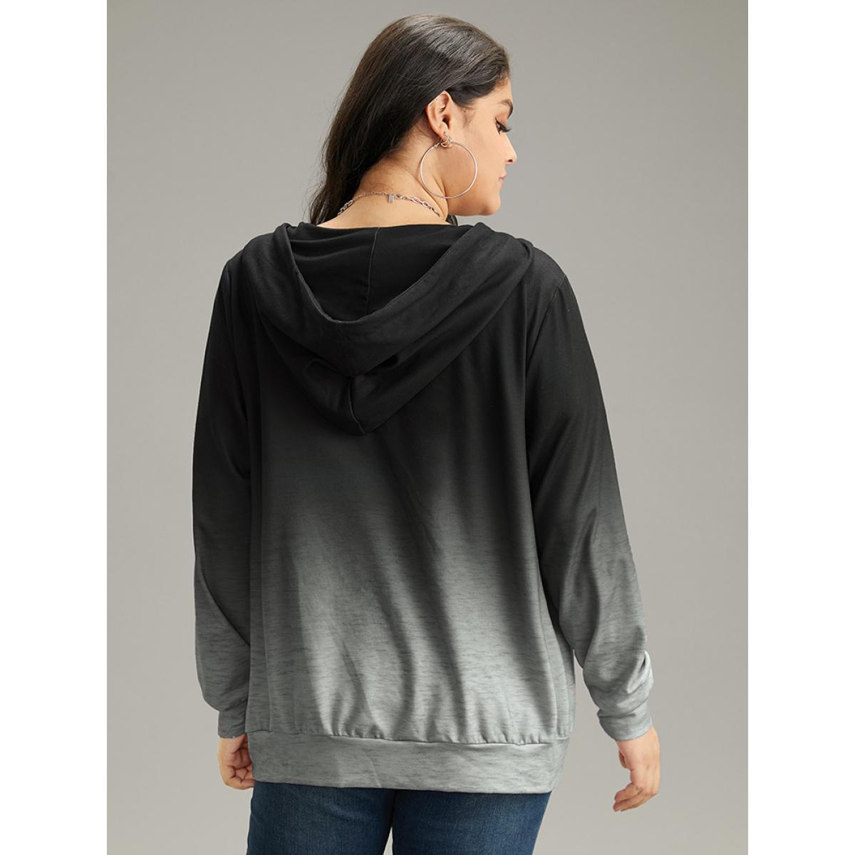 Plus Size Ombre Hooded Zipper Drawstring Sweatshirt Women Black Casual Zipper Hooded Everyday Sweatshirts BloomChic 18-20/2X Product Image