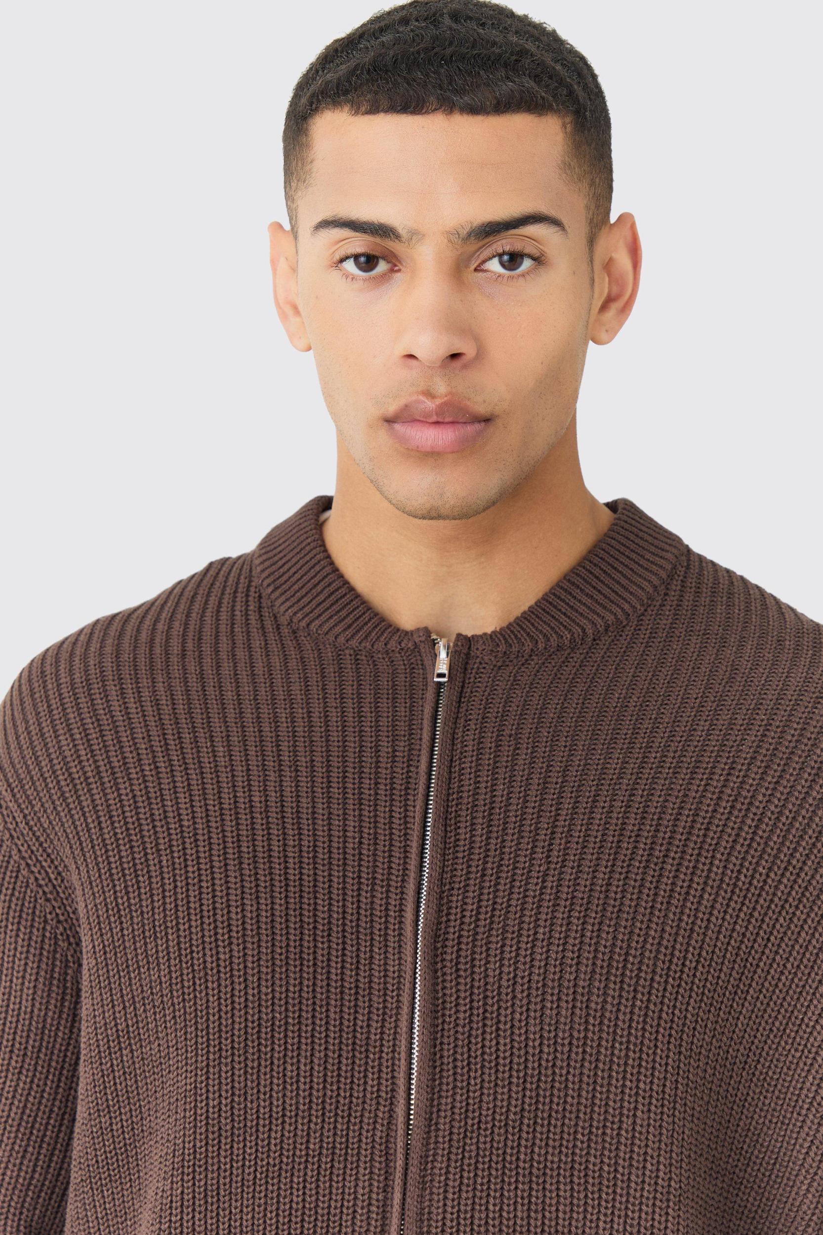 Regular Ribbed Fisherman Knit Bomber Jacket | boohooMAN USA Product Image