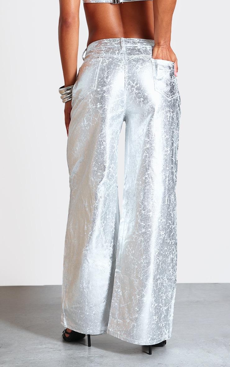 Silver Coated Crackle Effect Denim Wide Leg Jeans Product Image