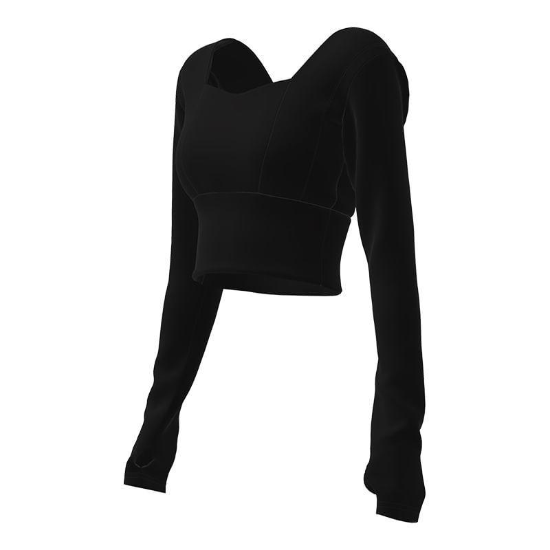 Long Sleeve Square Neck Plain Padded Crop Yoga Top Product Image