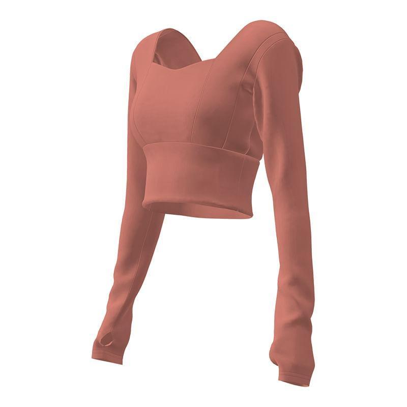 Long Sleeve Square Neck Plain Padded Crop Yoga Top Product Image